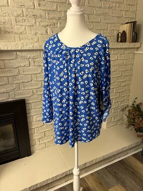 INC International Concepts Blue Floral Scoop-Neck Blouse Size XL